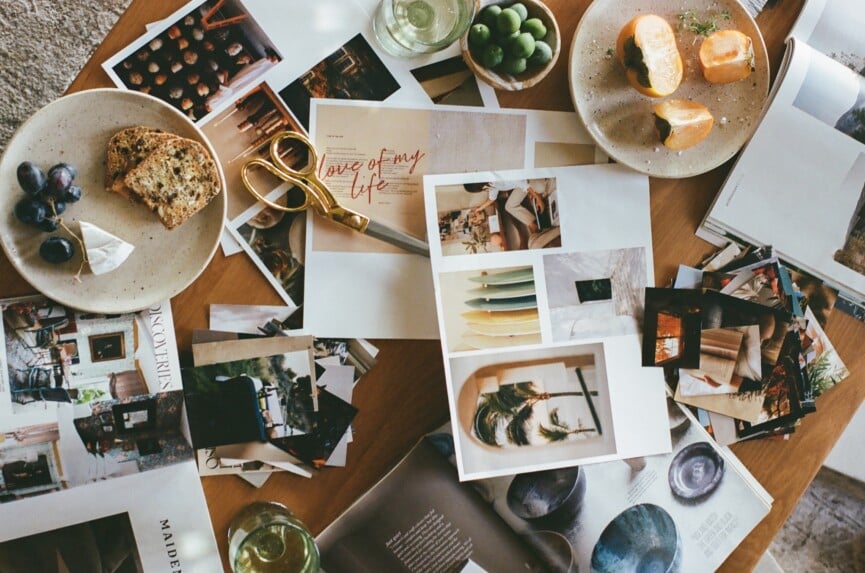 Vision board party decor with organic textures and soft lighting