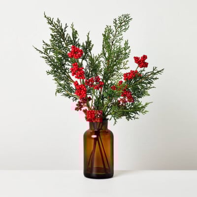 15" Medium Cypress and Red Berry in Amber Vase Artificial Arrangement