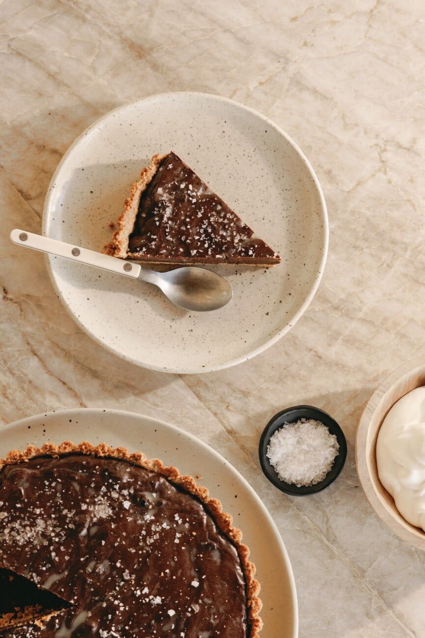 salted chocolate date tart with walnut crust - valentine's dessert
