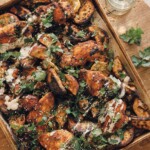 sheet pan chicken sweet potatoes tahini sauce