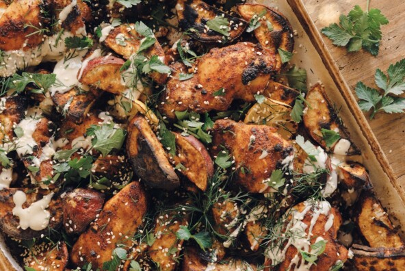 sheet pan chicken sweet potatoes tahini sauce