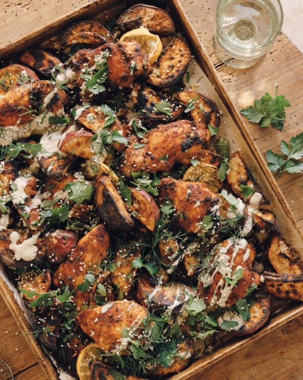 sheet pan chicken sweet potatoes tahini sauce