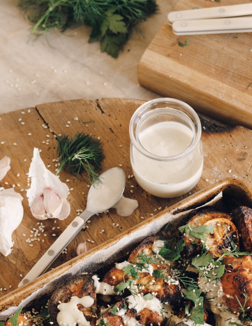 sheet pan chicken sweet potatoes tahini sauce