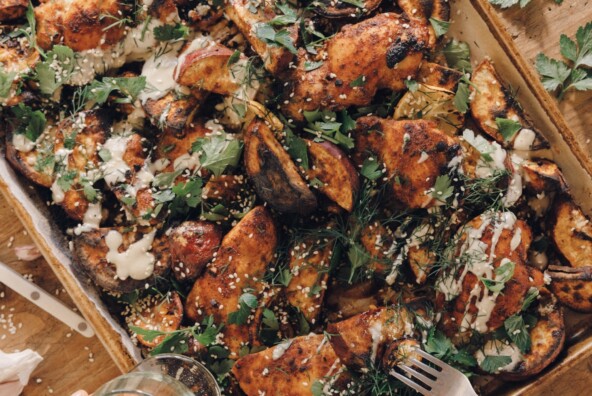 sheet pan chicken sweet potatoes tahini sauce