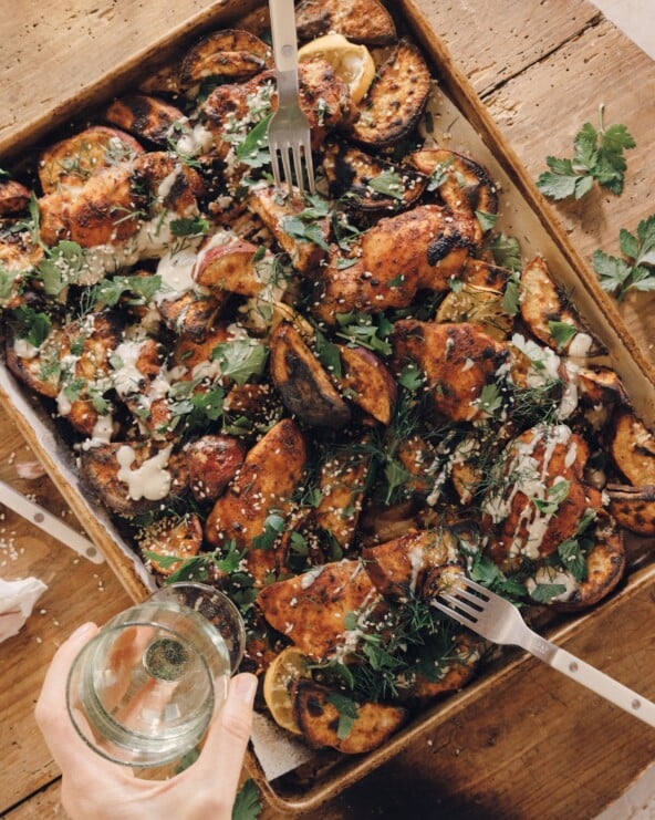 sheet pan chicken sweet potatoes tahini sauce