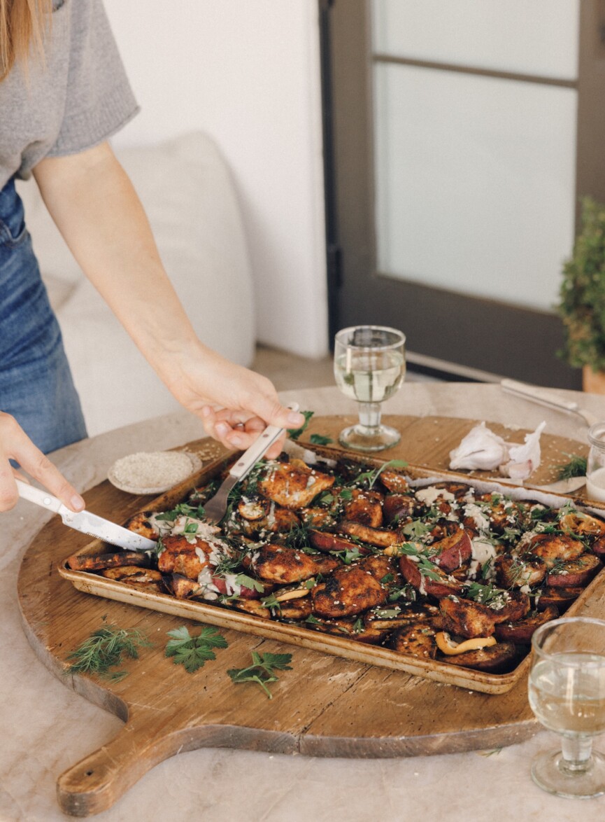 sheet pan chicken sweet potatoes tahini sauce