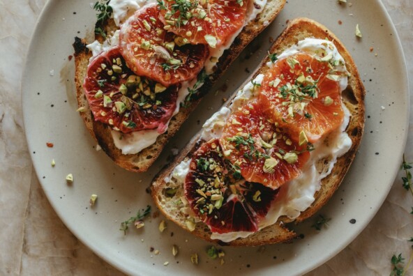 Burrata Toast with Blood Oranges and Pistachios