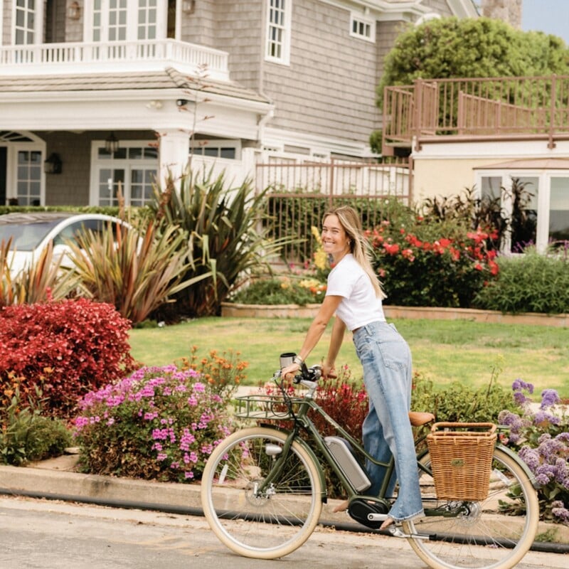 Woman riding bike outside