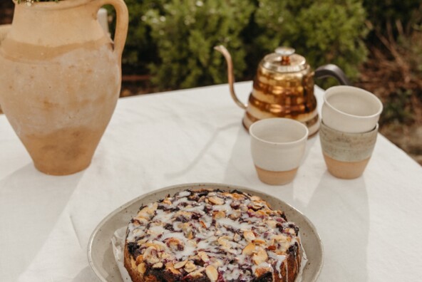 blueberry cornmeal cake with almond crumble and lemon glaze