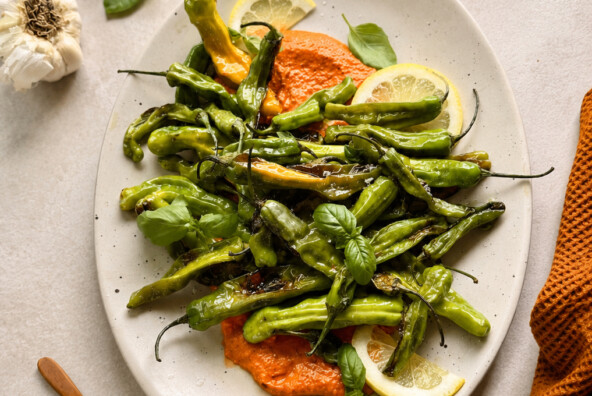 Charred Shishitos with Romesco, Lemon & Herbs