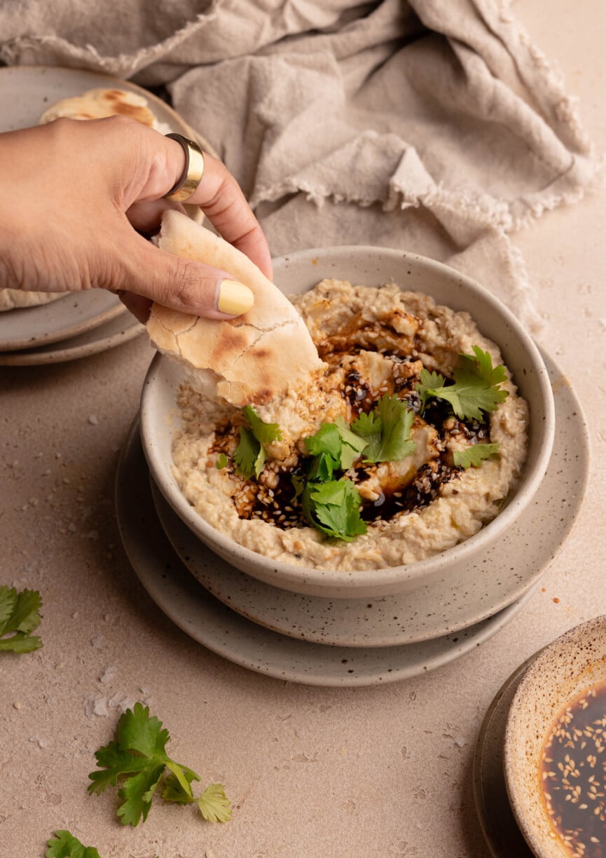 easy charred eggplant dip with chili oil