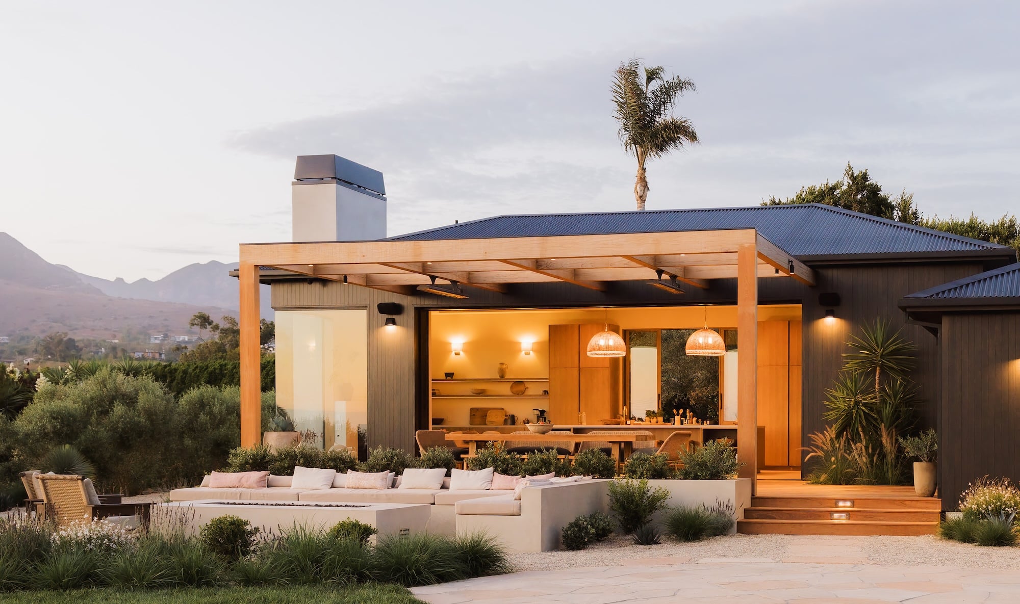 Exterior shot of Camille Styles' Malibu house, view into the great room.