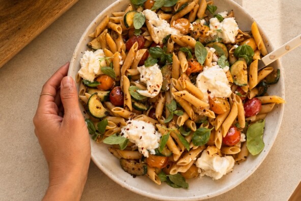 tomato, zucchini, burrata protein pasta
