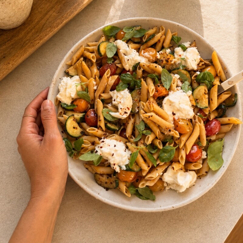 tomato, zucchini, burrata protein pasta