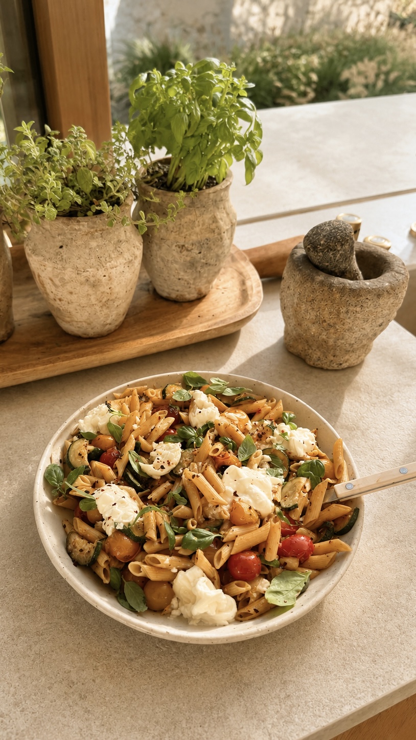 tomato, zucchini, burrata protein pasta