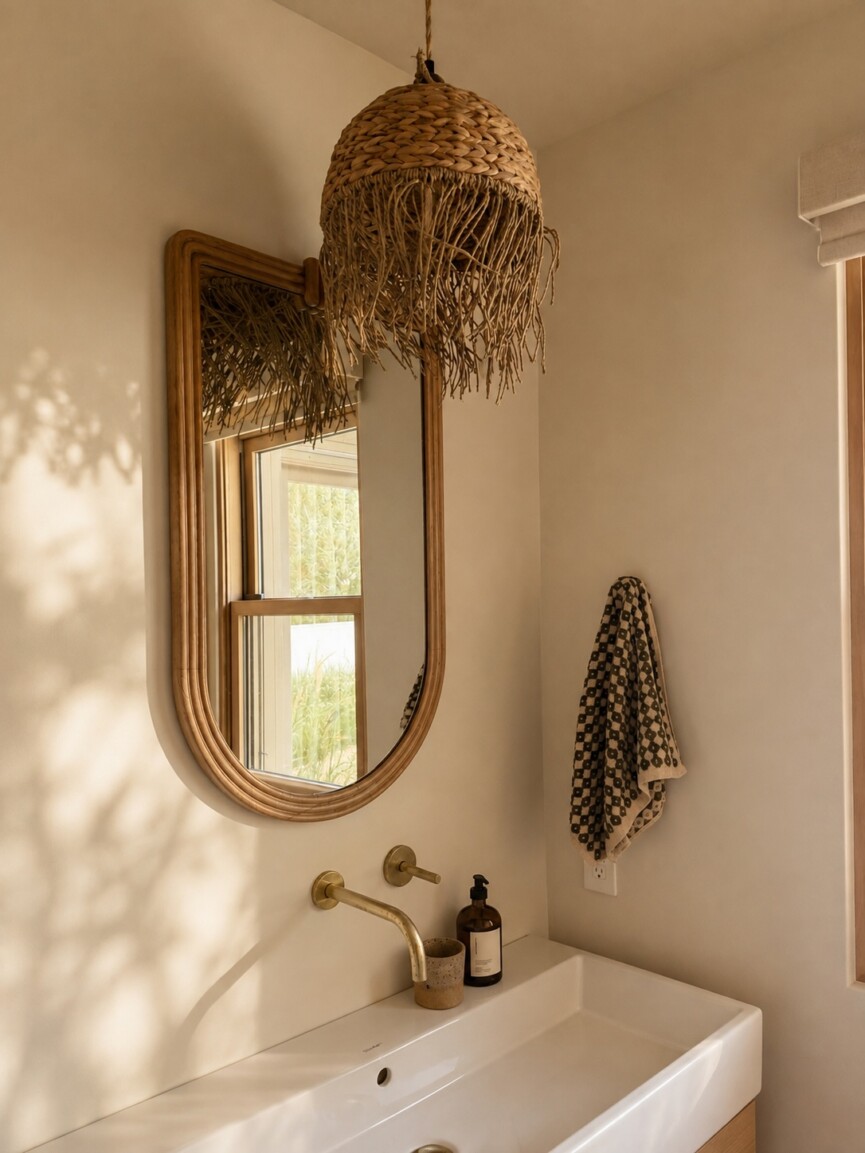 Kids’ bathroom vanity with a wood-framed mirror, brass faucet, and woven pendant light.