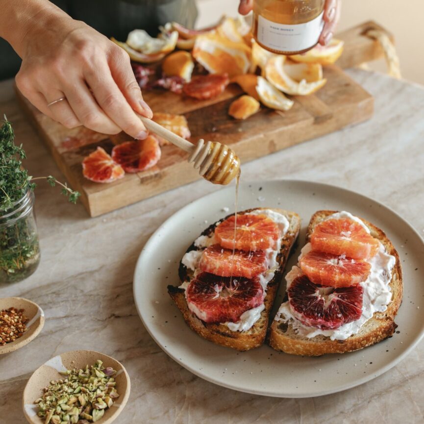 Burrata Toast with Blood Oranges and Pistachios